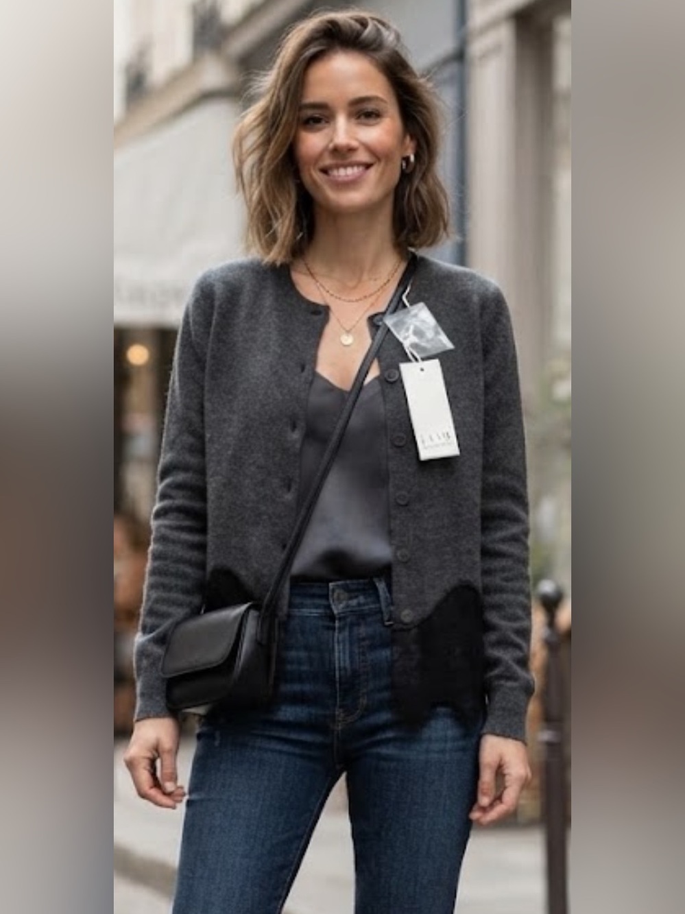 Rebecca Taylor Charcoal Gray Cardigan with Black Lace Hem
